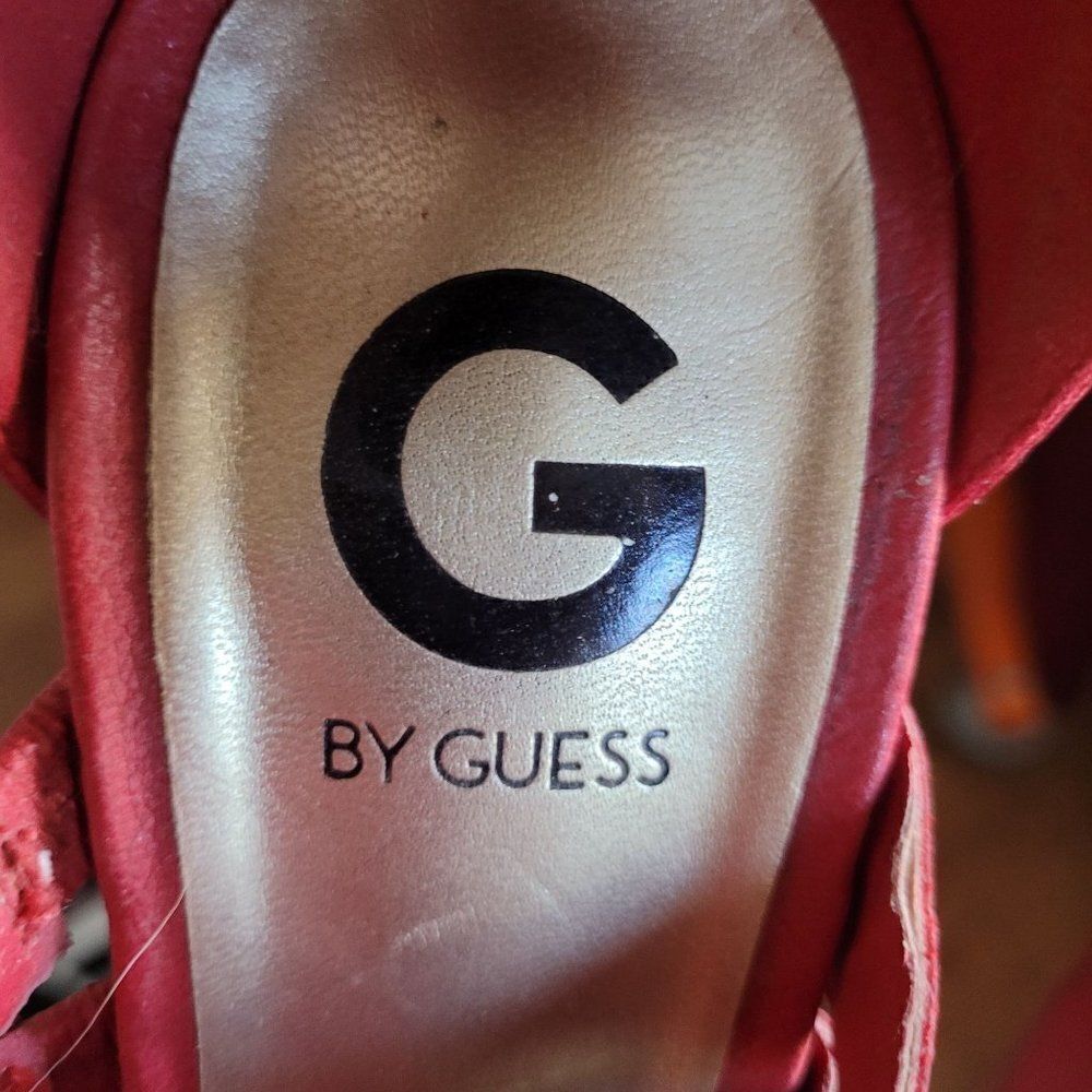 Y2K Guess Strappy Wedge Platform Sandals 8 Red Faux Vegan Leather Chunky Heels - Picture 14 of 15